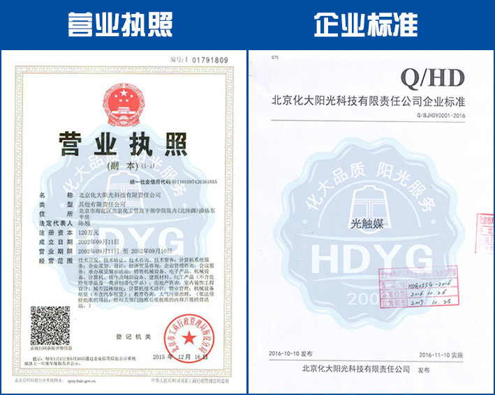 化大陽光除甲醛公司榮譽資質